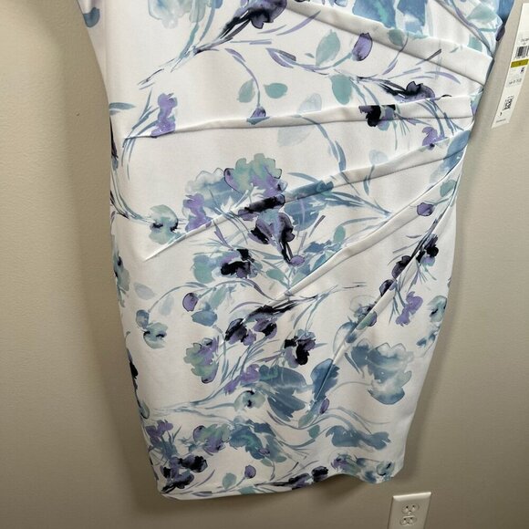 Calvin Klein Side Pleated Sheath Floral Dress Size 14 Blue Wedding Guest Church - Picture 7 of 11